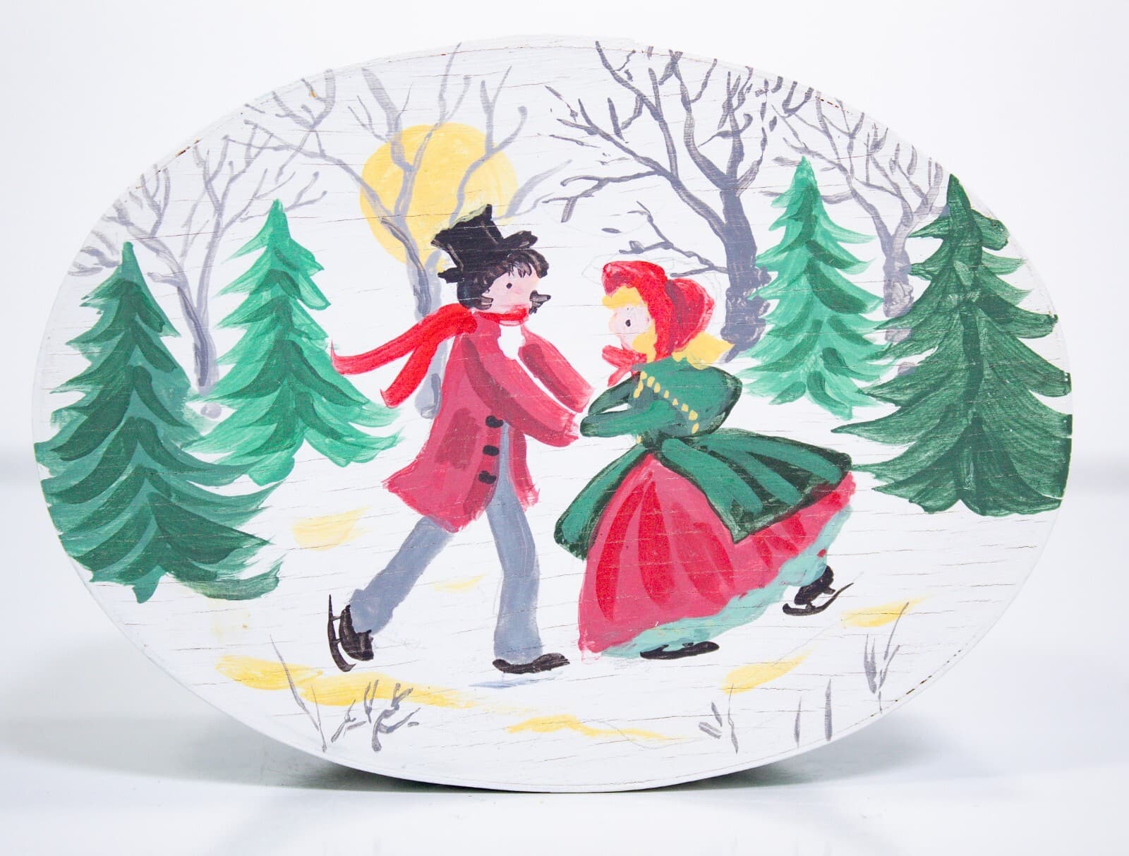 Vintage Hand Painted Ice Skating Winter Couple Oval Wooden Decorative Box - Thumbnail 2