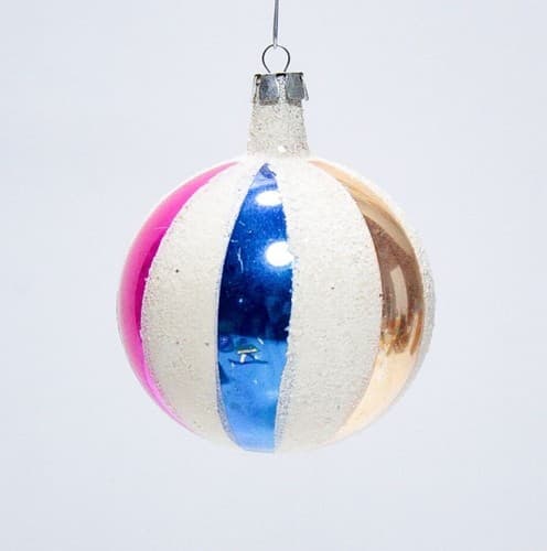 Vintage Mercury Round Beach Ball Blue Pink White Mica & Gold Glass Ornament - Thumbnail 2