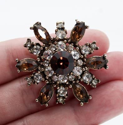 Vintage Smokey & Clear Rhinestone Floral Motif Made in Austria Pin Brooch - Thumbnail 2