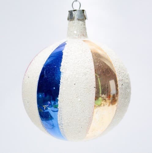 Vintage Mercury Round Beach Ball Blue Pink White Mica & Gold Glass Ornament - Thumbnail 6