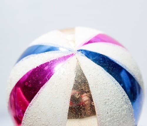 Vintage Mercury Round Beach Ball Blue Pink White Mica & Gold Glass Ornament - Thumbnail 5