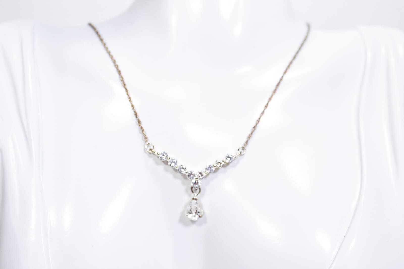 Vintage Sterling Silver 925 Crystal Teardrop Charm Drop Style Y Shaped Necklace - Thumbnail 2