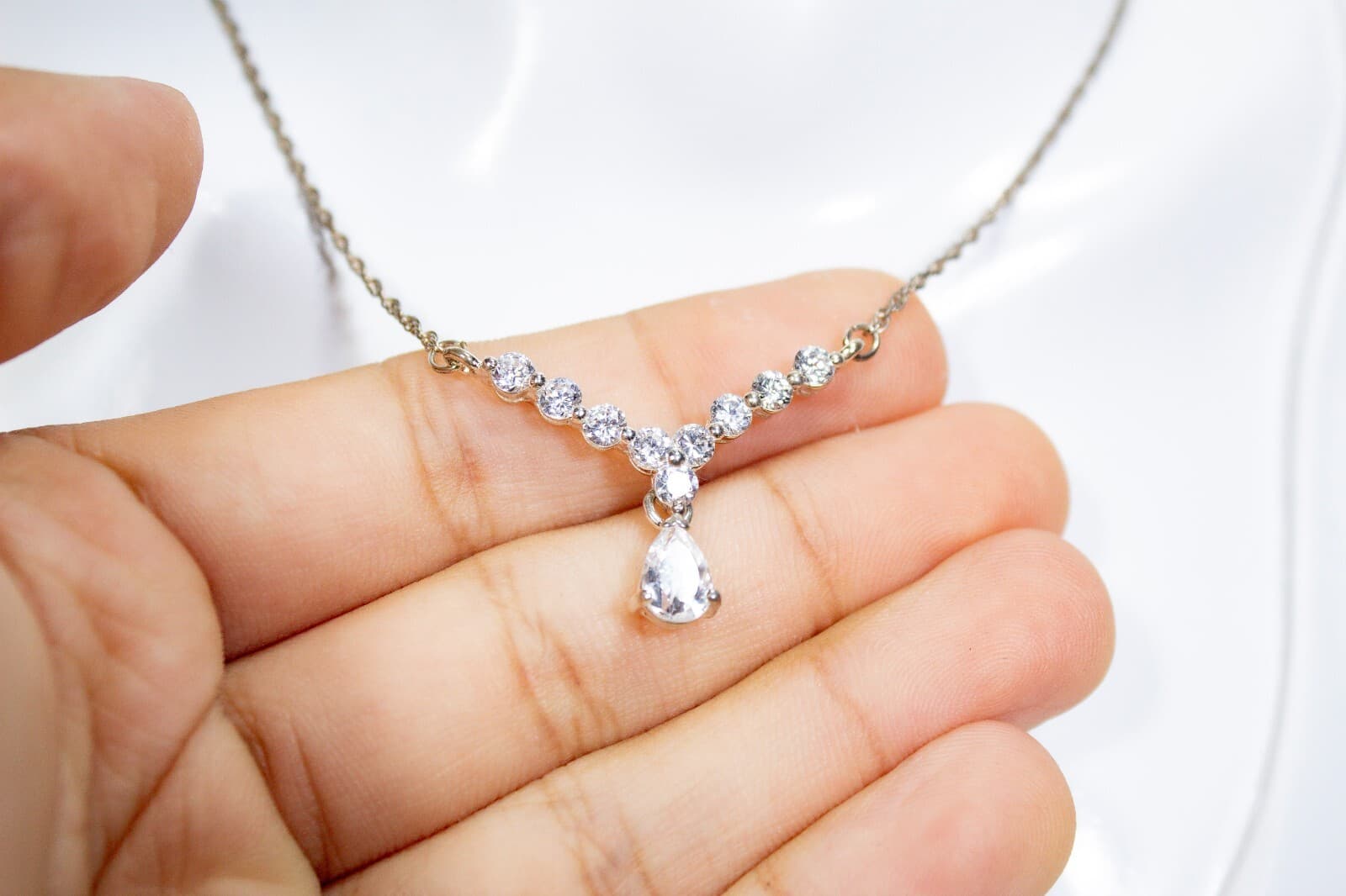 Vintage Sterling Silver 925 Crystal Teardrop Charm Drop Style Y Shaped Necklace - Thumbnail 4