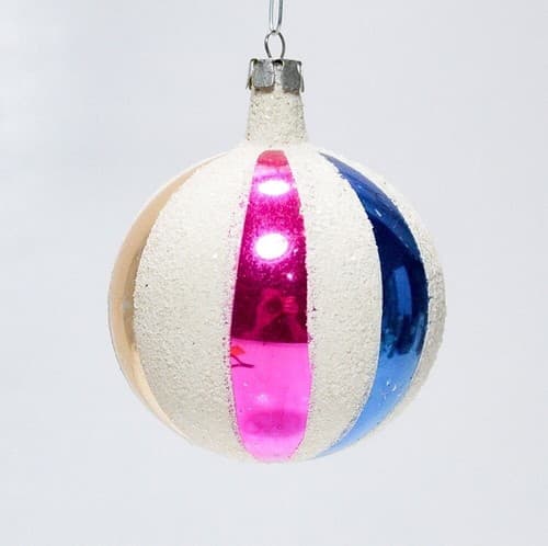 Vintage Mercury Round Beach Ball Blue Pink White Mica & Gold Glass Ornament - Thumbnail 3