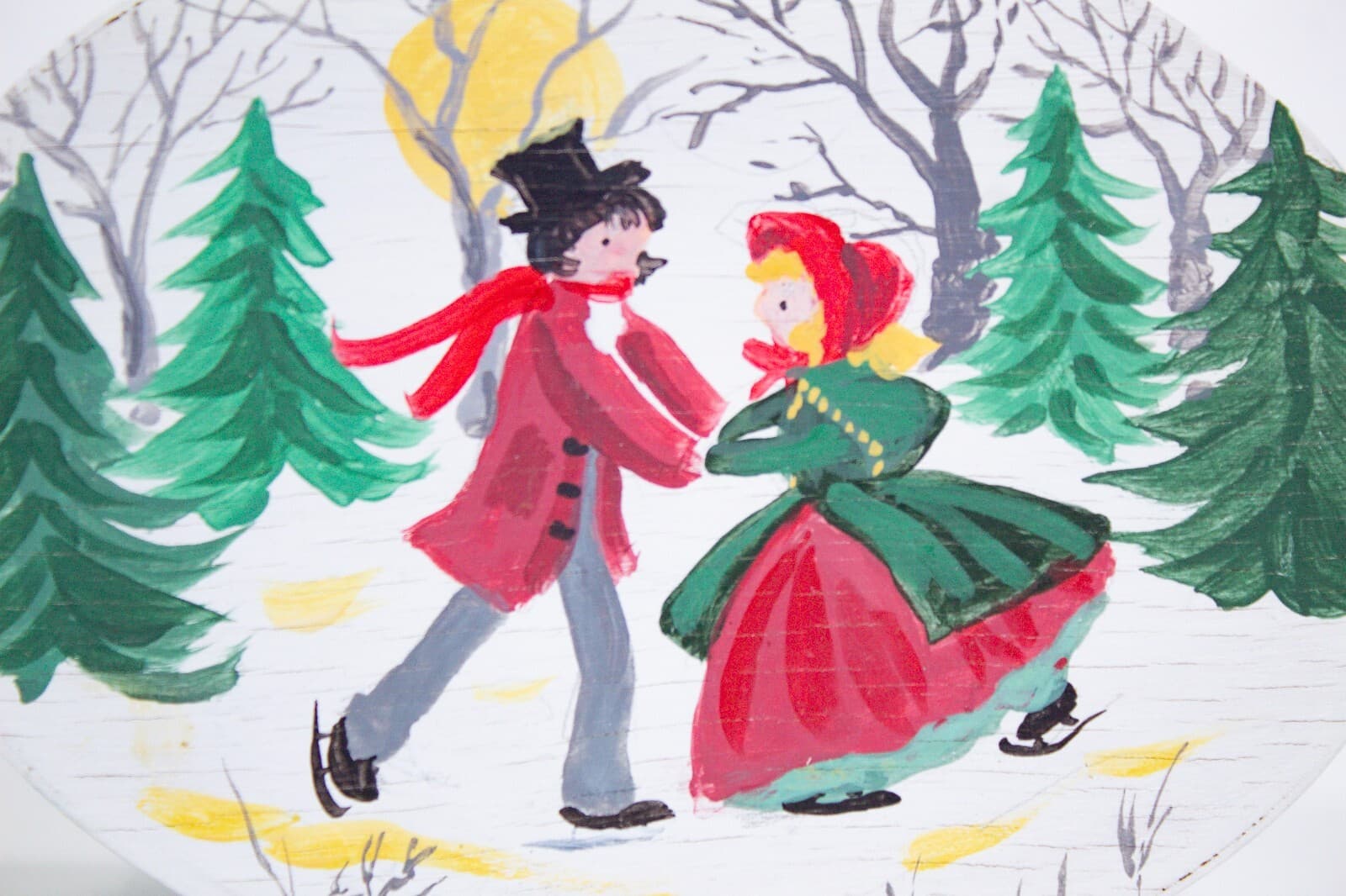 Vintage Hand Painted Ice Skating Winter Couple Oval Wooden Decorative Box - Thumbnail 3
