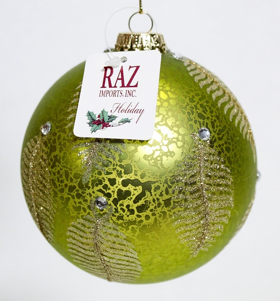 RAZ Imports Inc. Holiday Large Glass Green Leafs & Jeweled Christmas Ornament - Thumbnail 5