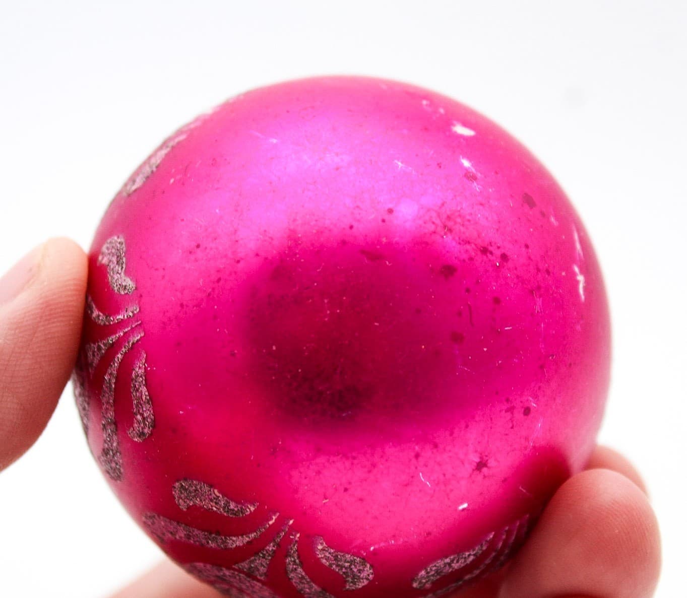 Shiny Brite Hot Pink Silver Mica Floral Motif Glass Christmas Ornament 2.5" - Thumbnail 3