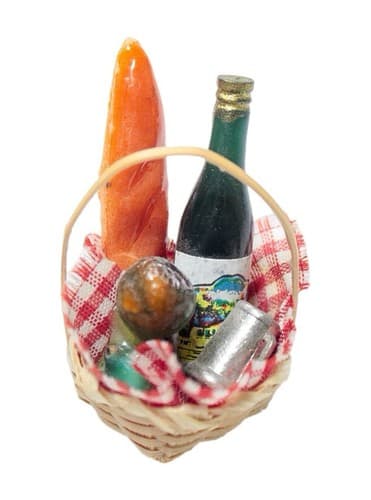 Vintage Dollhouse Miniature Picnic Wicker Basket w/ Wine & Bread Accessory - Image 1