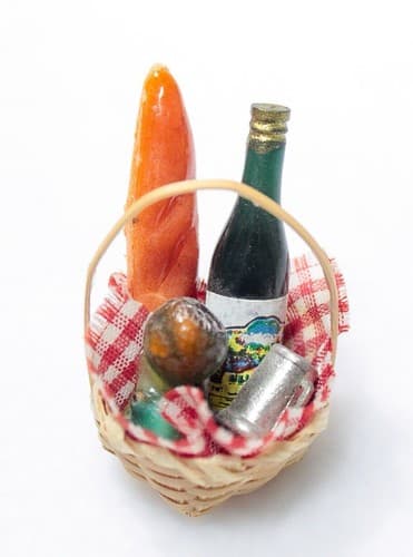 Vintage Dollhouse Miniature Picnic Wicker Basket w/ Wine & Bread Accessory - Thumbnail 5