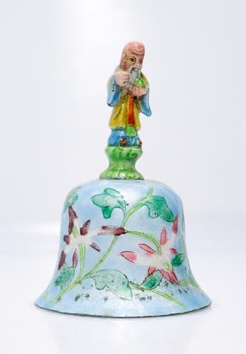 Antique Qing Dynasty Chinese Floral Enamel Bell Taoist Immortal Figure - Image 1