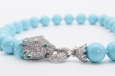 Vtg Sterling Silver Natural Turquoise CZ & Emerald Lion Clasp Beaded Necklace - Thumbnail 3