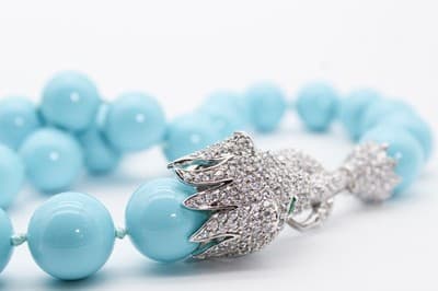 Vtg Sterling Silver Natural Turquoise CZ & Emerald Lion Clasp Beaded Necklace - Thumbnail 5
