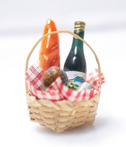 Vintage Dollhouse Miniature Picnic Wicker Basket w/ Wine & Bread Accessory - Thumbnail 2