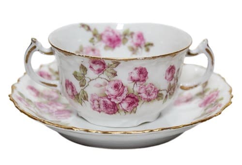 LIMOGES Elite France Antique Pink Roses Porcelain Boullion Cup & Saucer - Image 1