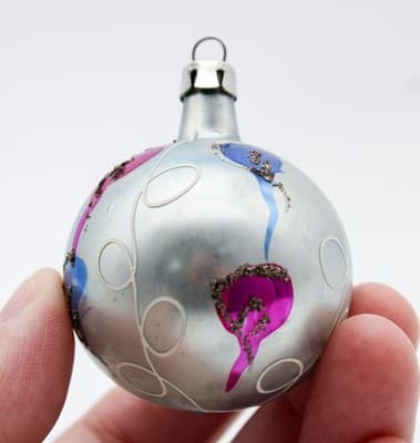 Vintage Poland Blue & Pink Stencil Hand Painted Glass Christmas Ornament Vintage - Thumbnail 2