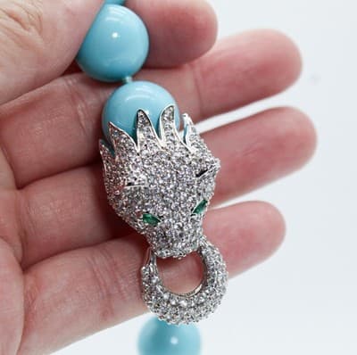 Vtg Sterling Silver Natural Turquoise CZ & Emerald Lion Clasp Beaded Necklace - Thumbnail 12
