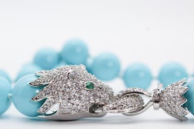 Vtg Sterling Silver Natural Turquoise CZ & Emerald Lion Clasp Beaded Necklace - Thumbnail 6
