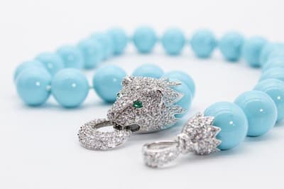 Vtg Sterling Silver Natural Turquoise CZ & Emerald Lion Clasp Beaded Necklace - Thumbnail 10