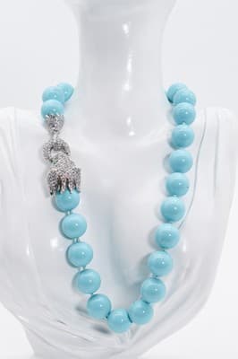 Vtg Sterling Silver Natural Turquoise CZ & Emerald Lion Clasp Beaded Necklace - Thumbnail 2