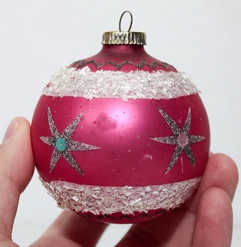 Vintage West Germany Glass Mica Red White Stars Christmas Ornament - Thumbnail 2