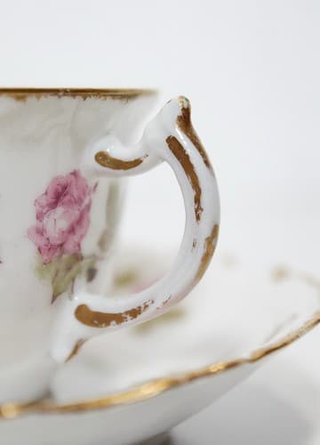 LIMOGES Elite France Antique Pink Roses Porcelain Boullion Cup & Saucer - Thumbnail 3