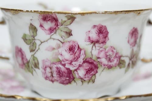 LIMOGES Elite France Antique Pink Roses Porcelain Boullion Cup & Saucer - Thumbnail 2