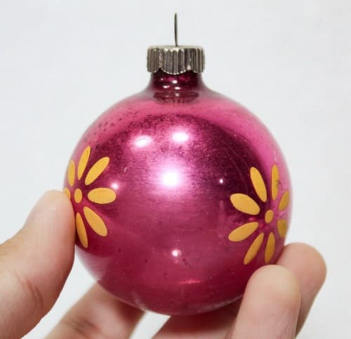 SHINY BRITE Vintage Pink Hand Painted Floral Glass Christmas Ornament - Thumbnail 2