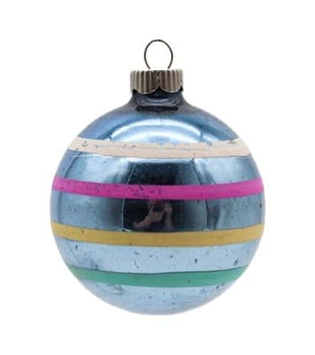 Shiny Brite Vintage Blue Multicolored Stencil Striped Glass Christmas Ornament - Image 1