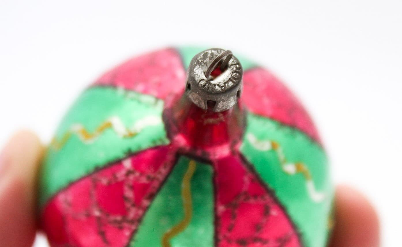 Vintage Poland Red & Green Mica Striped Teardrop Glass Christmas Ornament - Thumbnail 4