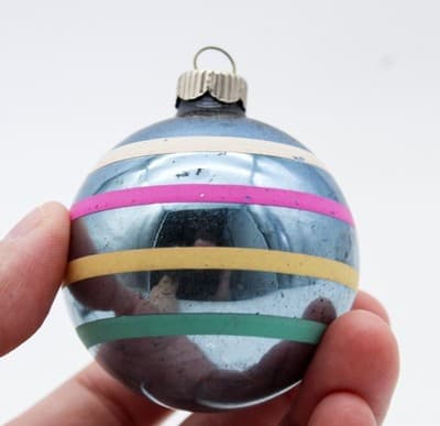 Shiny Brite Vintage Blue Multicolored Stencil Striped Glass Christmas Ornament - Thumbnail 2