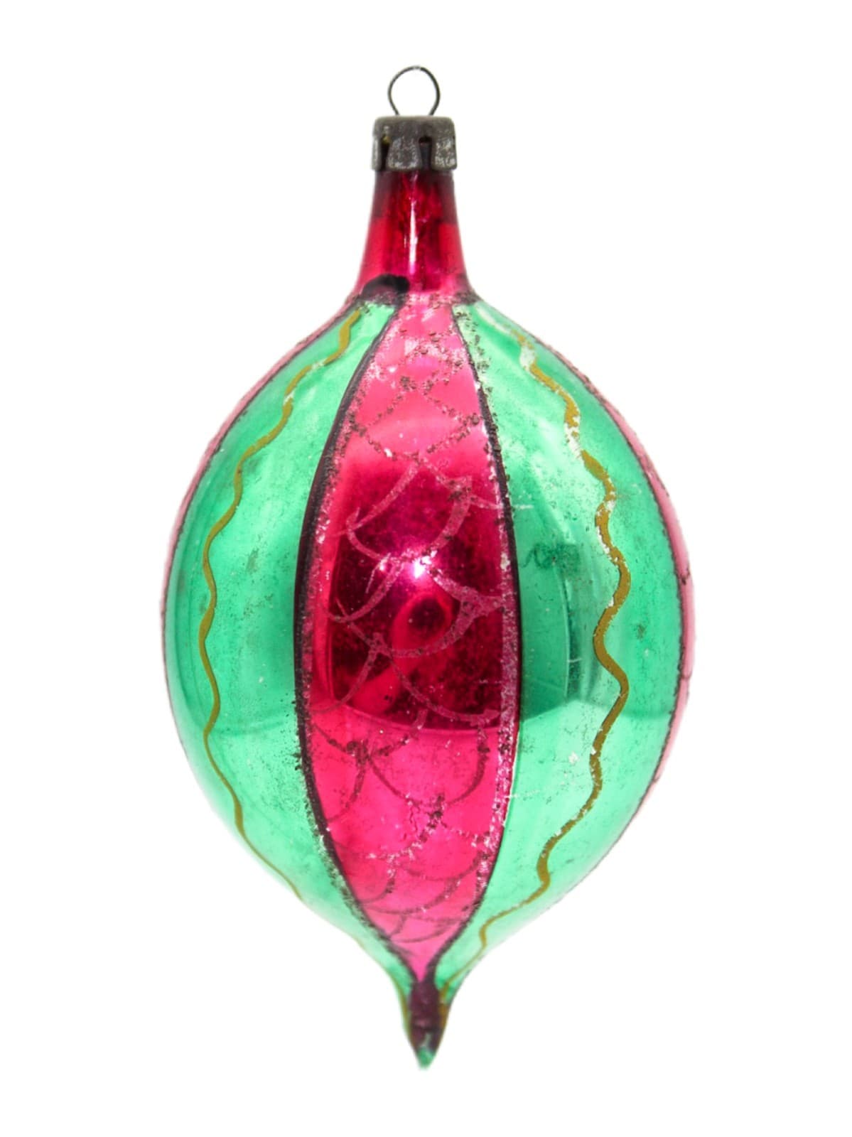 Vintage Poland Red & Green Mica Striped Teardrop Glass Christmas Ornament - Image 1