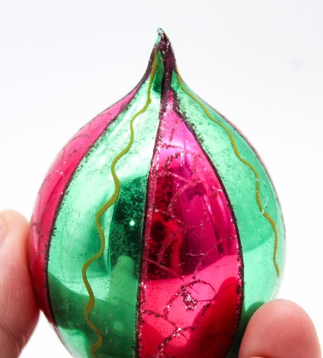 Vintage Poland Red & Green Mica Striped Teardrop Glass Christmas Ornament - Thumbnail 3