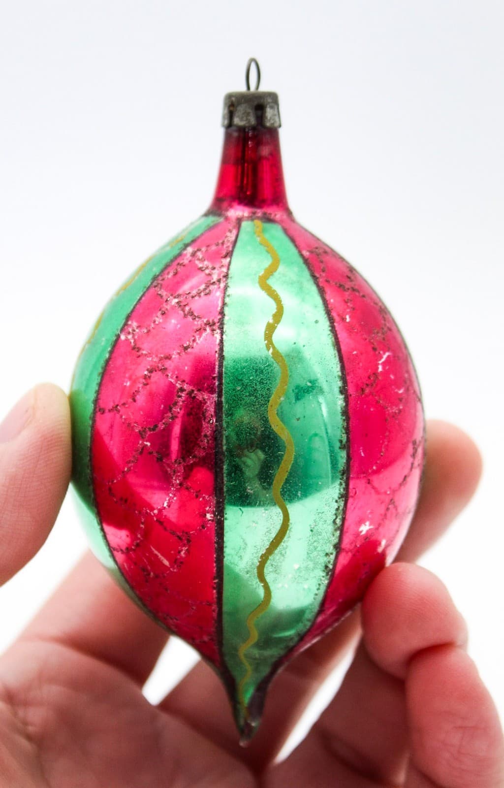 Vintage Poland Red & Green Mica Striped Teardrop Glass Christmas Ornament - Thumbnail 5