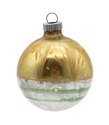 Shiny Brite Gold Feathered Striped Silvered Ball Glass Christmas Ornament - Image 1