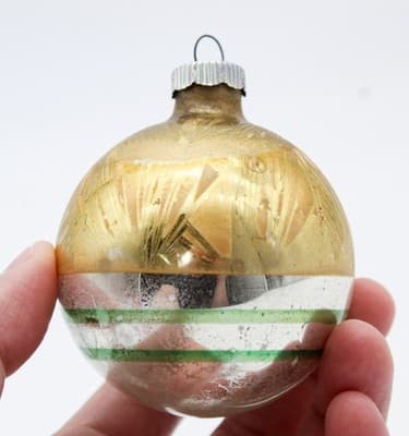 Shiny Brite Gold Feathered Striped Silvered Ball Glass Christmas Ornament - Thumbnail 2