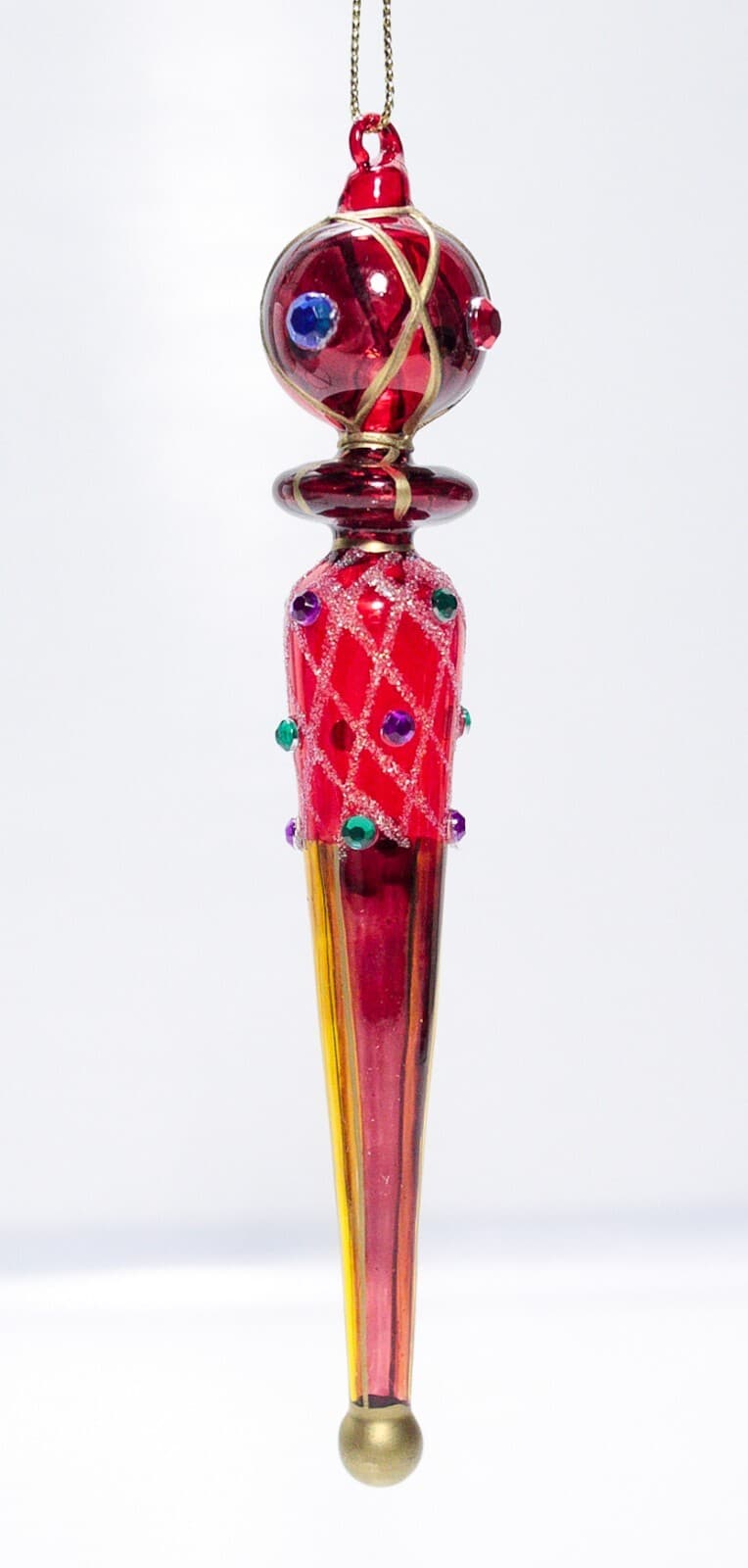 Vintage Hand Decorated Blown Glass Red Jeweled Hanging Christmas Ornament - Thumbnail 4