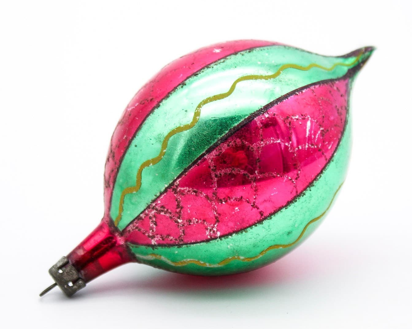 Vintage Poland Red & Green Mica Striped Teardrop Glass Christmas Ornament - Thumbnail 2
