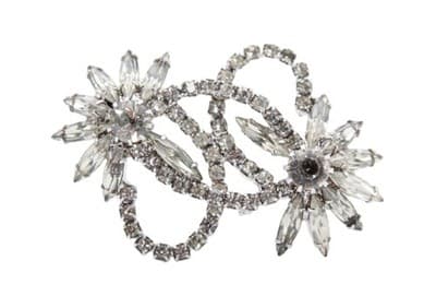 Vintage Looped Ribbon Motif Clear Rhinestone Floral Silver Tone Pin Brooch - Image 1