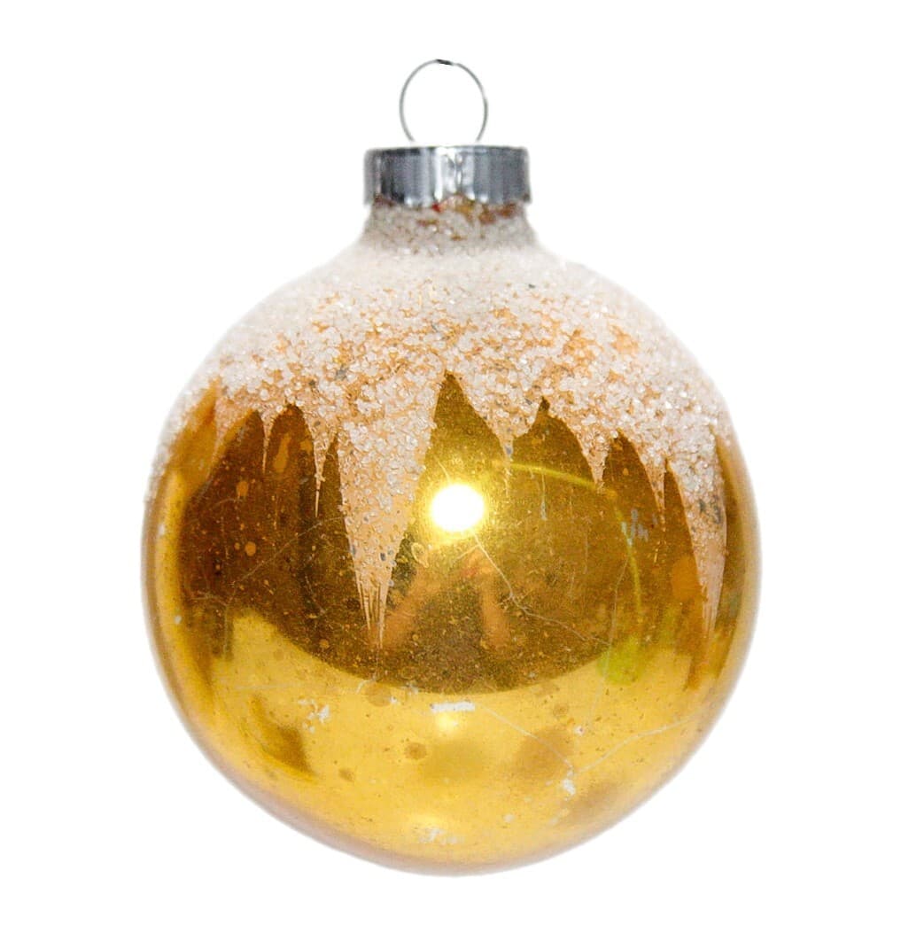 Vintage Made In Germany Mica Snowcap Design Glass Ball Yellow Christmas Ornament - Image 1