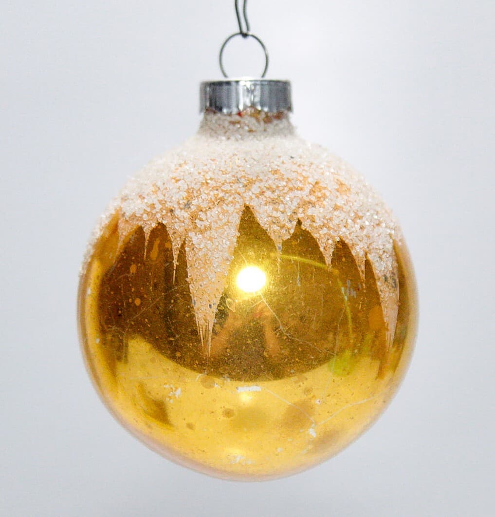 Vintage Made In Germany Mica Snowcap Design Glass Ball Yellow Christmas Ornament - Thumbnail 5