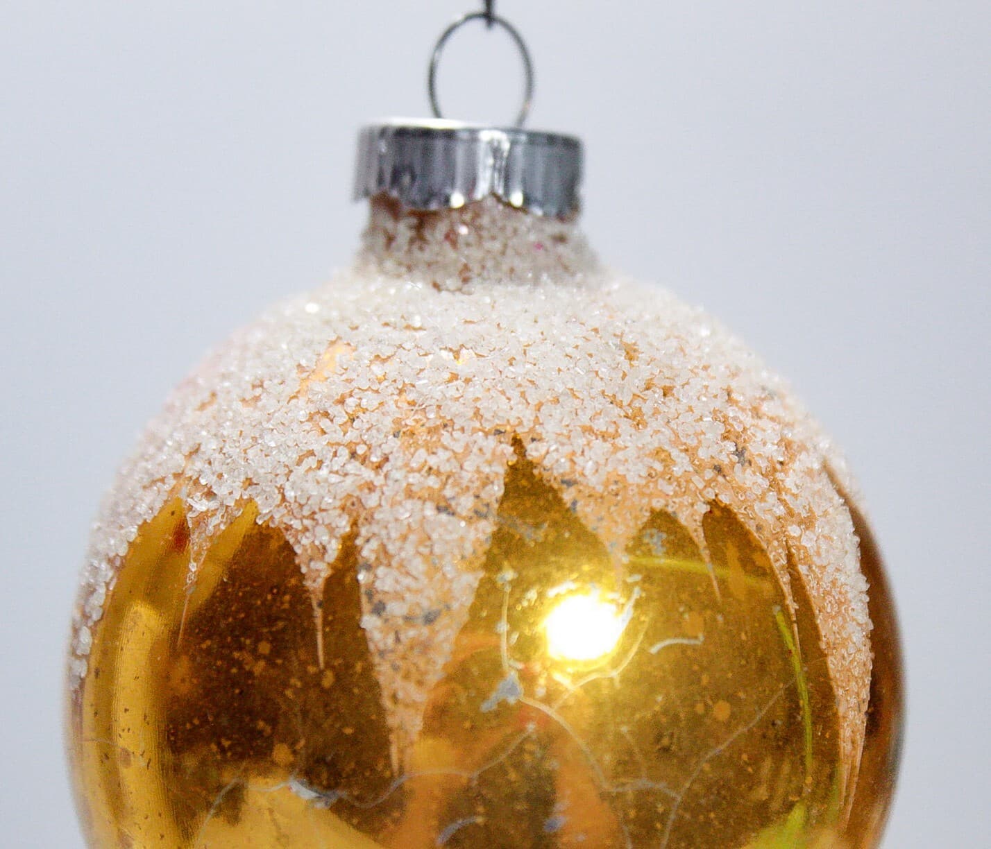 Vintage Made In Germany Mica Snowcap Design Glass Ball Yellow Christmas Ornament - Thumbnail 2