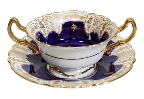 ROYAL DOULTON Antique Cobalt Gold Gilt Porcelain Boullion Cup & Saucer - Image 1