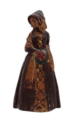 Antique Solid Heavy Cast Iron Victorian Lady In Coat Original Paint Doorstop - Image 1