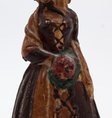 Antique Solid Heavy Cast Iron Victorian Lady In Coat Original Paint Doorstop - Thumbnail 3