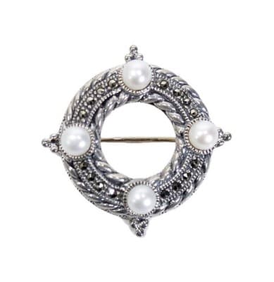 Vintage JUDITH JACK Sterling Silver Marcasite Faux Pearl Pin Brooch - Image 1