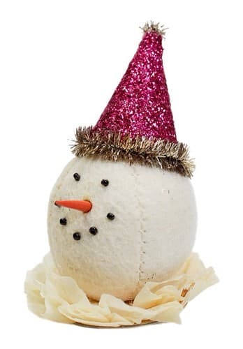 BETHANY LOWE Vtg Spun Cotton Folk Art Snowman Head Christmas Ornament Pink Hat - Image 1