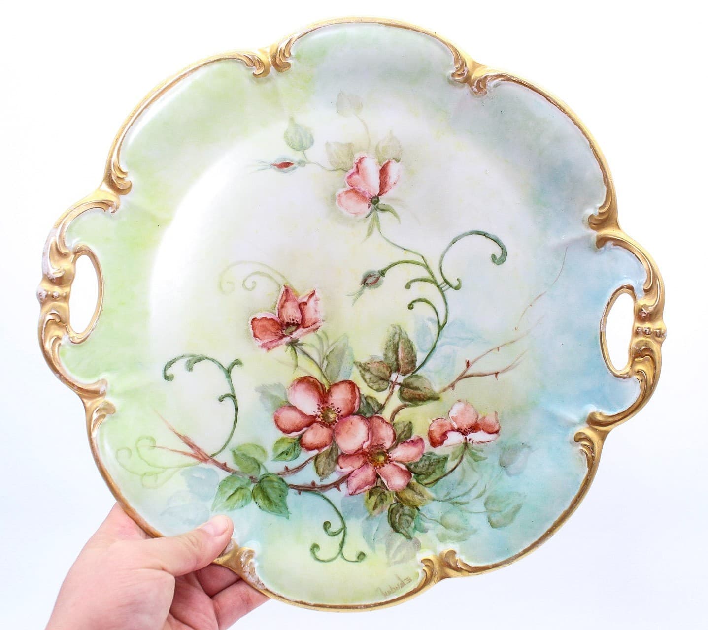 Bavaria Tirschenreuth Germany Hand Painted Signed Floral Porcelain Serving Tray - Thumbnail 2