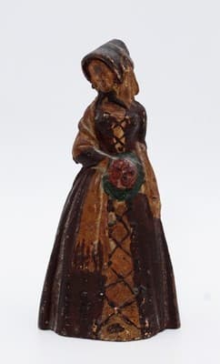Antique Solid Heavy Cast Iron Victorian Lady In Coat Original Paint Doorstop - Thumbnail 9