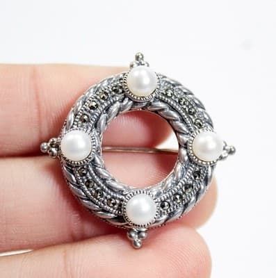 Vintage JUDITH JACK Sterling Silver Marcasite Faux Pearl Pin Brooch - Thumbnail 2