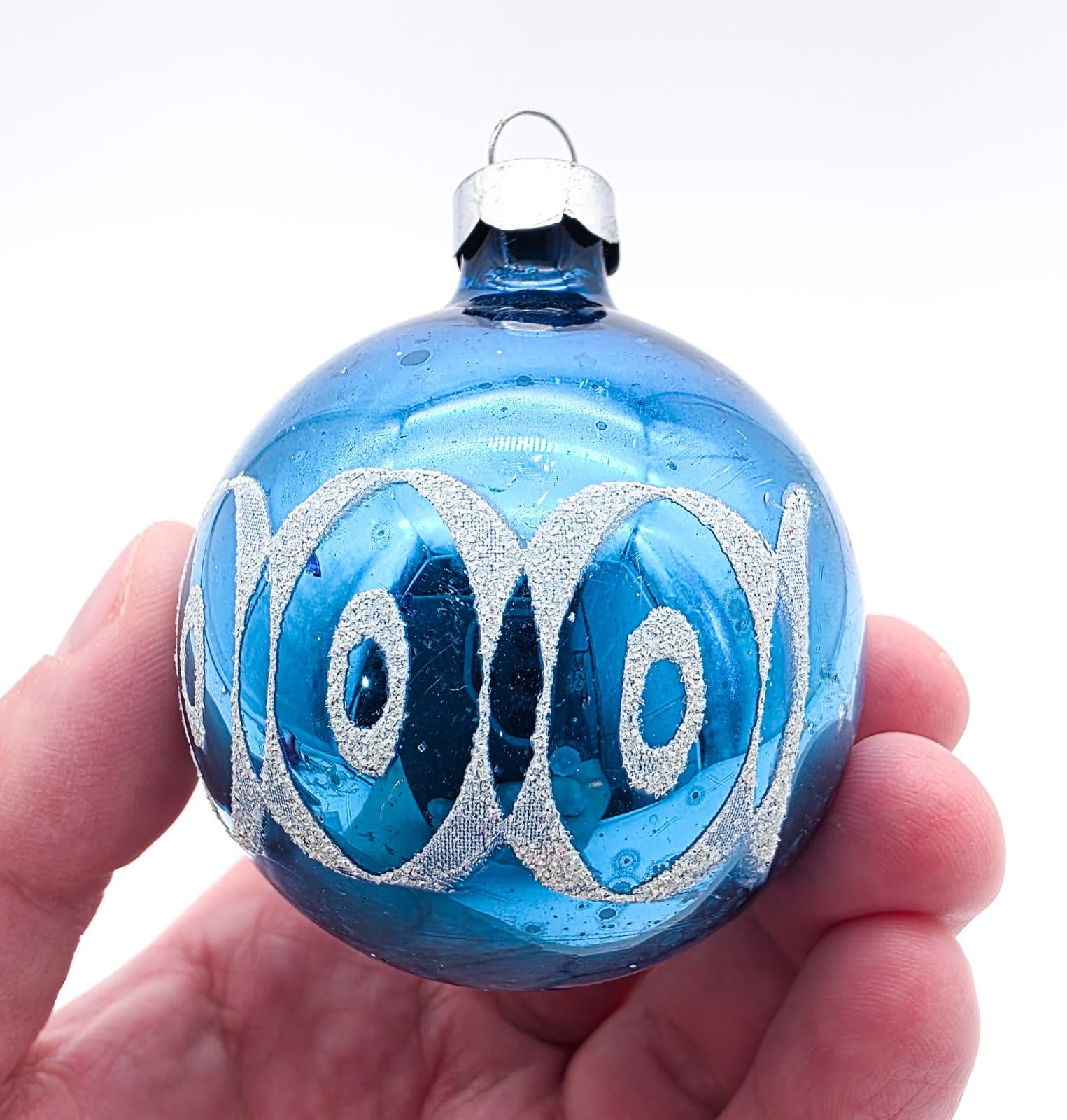 WWII Era Made In USA Blue Stencil Mica Ovals Pattern Glass Christmas Ornament - Thumbnail 2